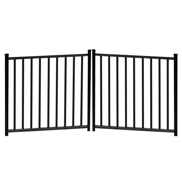 Durables 4 1/2' X 8' Canfield Black Aluminum Double Drive Gate with Trident 10" Pool Latch, Two Sets of Self-Closing Hinges and Key-Locking Drop Rod - DBAL-FLTP2-4X48FL